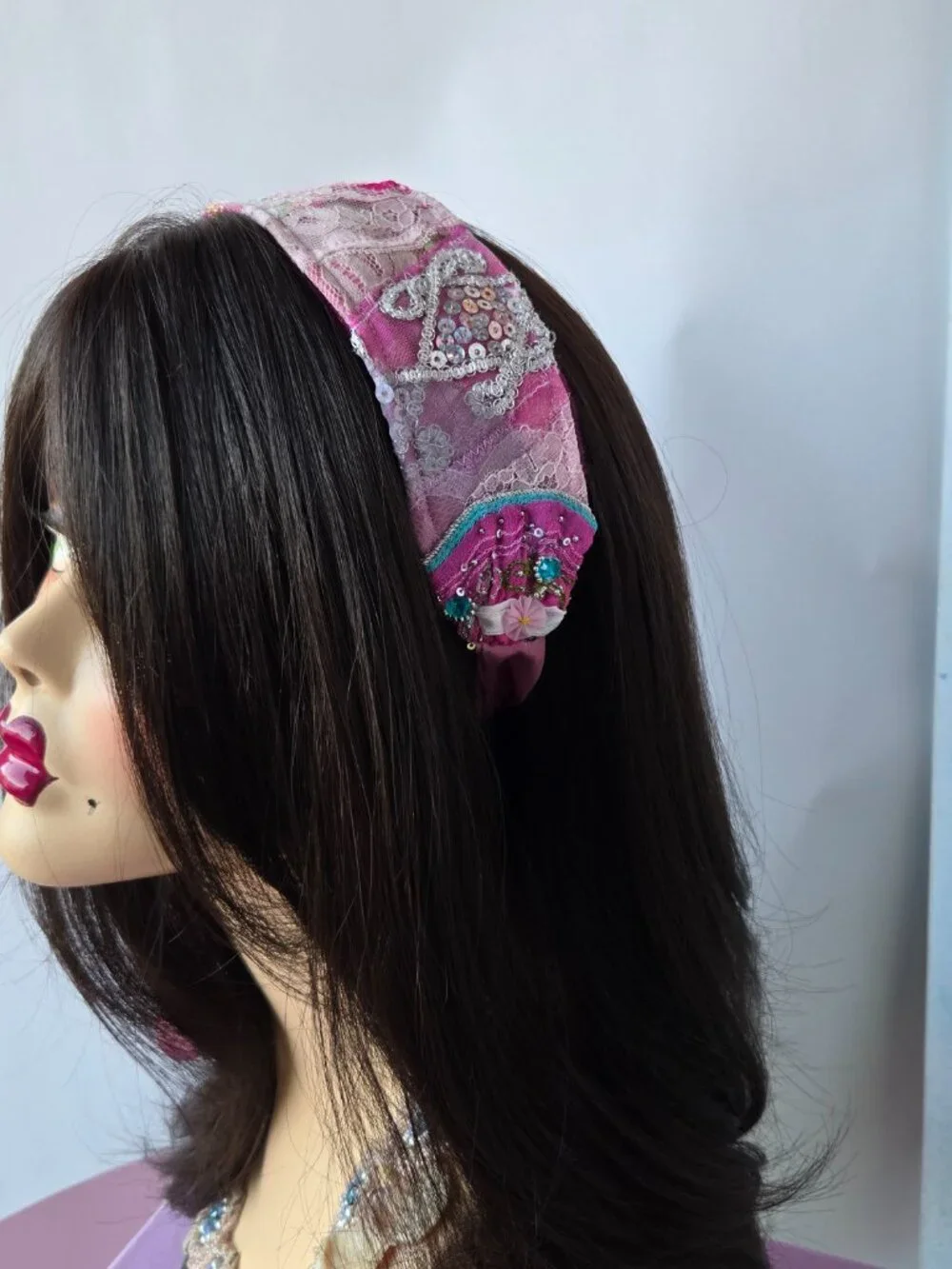Handmade Pink and Fuchsia Embroidered Rose Patchwork Quilted Hair Sash